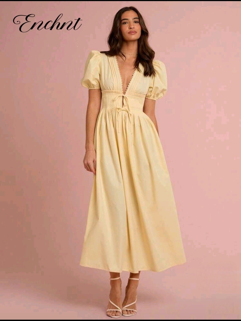 Yellow Puff-Sleeve Midi Dress - Elegant V-Neck, Tie Waist